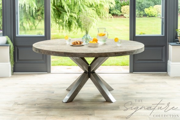 Leamington Round Oak Table With Gunmetal Base